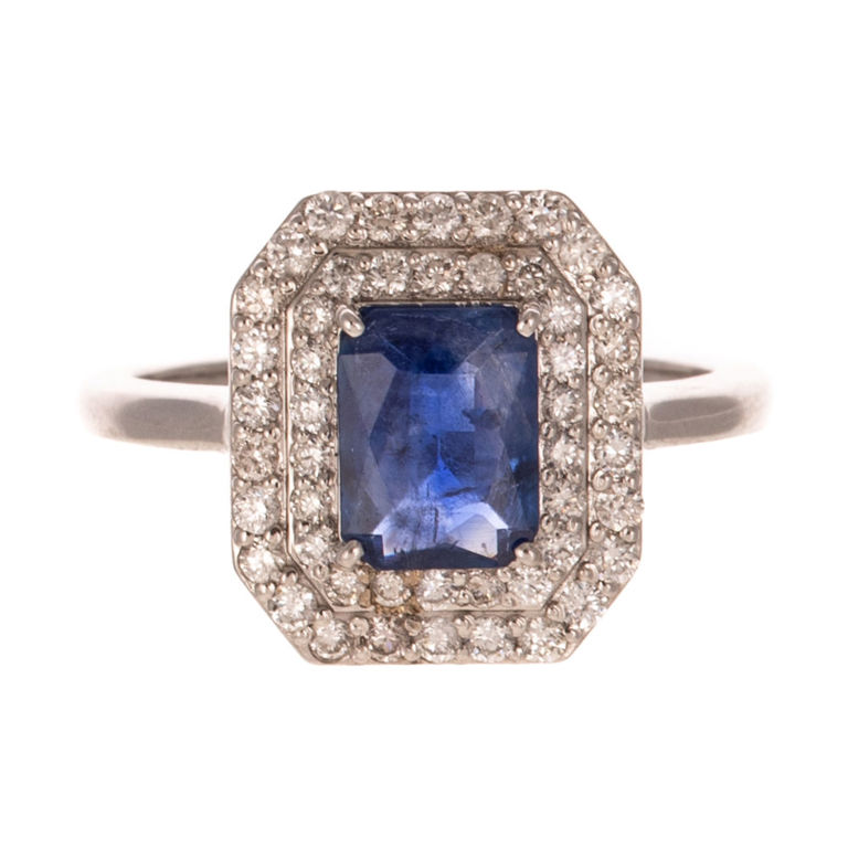 14k White Gold Sapphire and Diamond Halo Ring