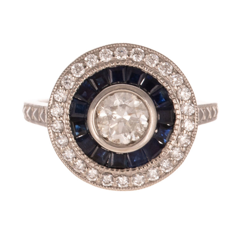 Platinum Diamond and Sapphire Halo Ring
