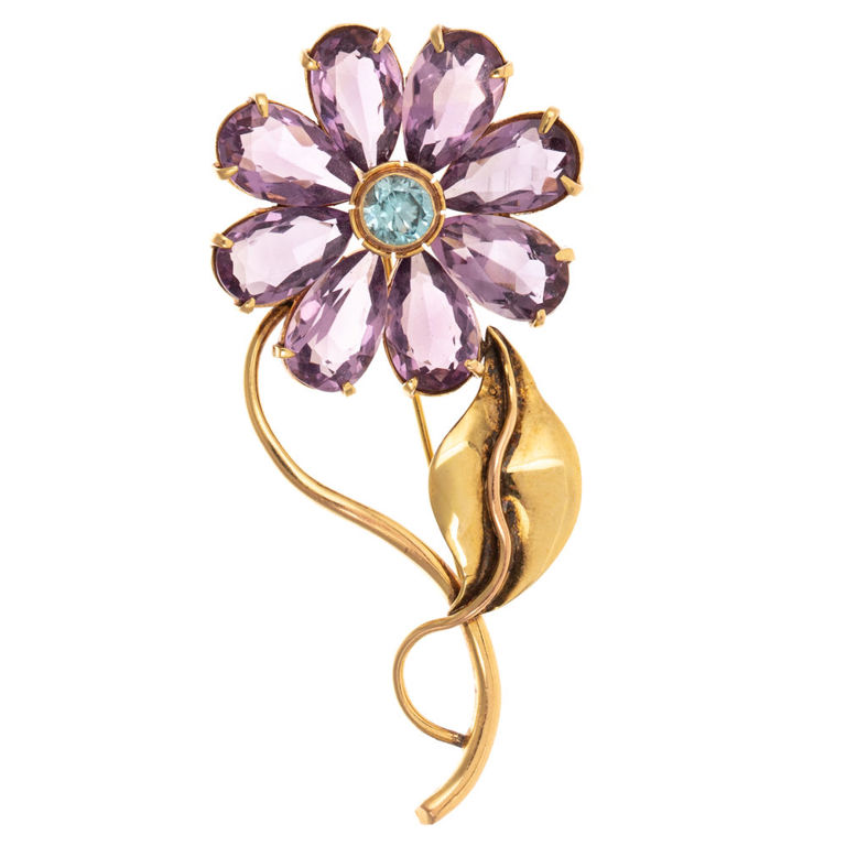 14k Yellow Gold Amethyst and Topaz Flower Brooch