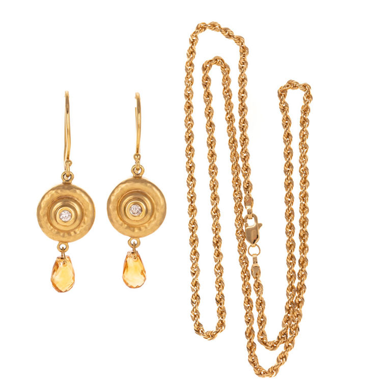 14k Yellow Gold Dangle Earrings and Necklace