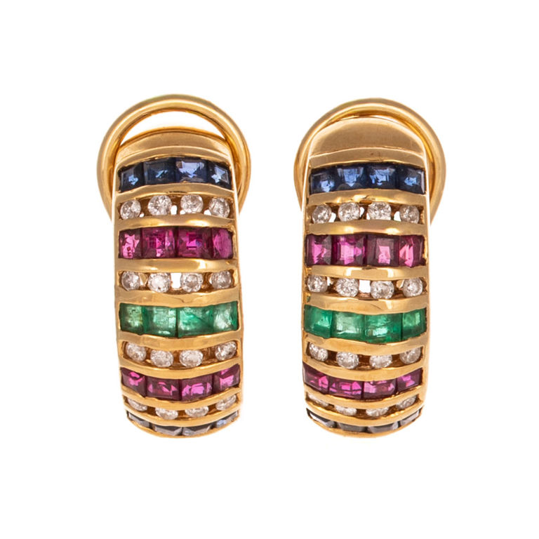 18k Yellow Gold Multi-Gem Half Hoop Earrings