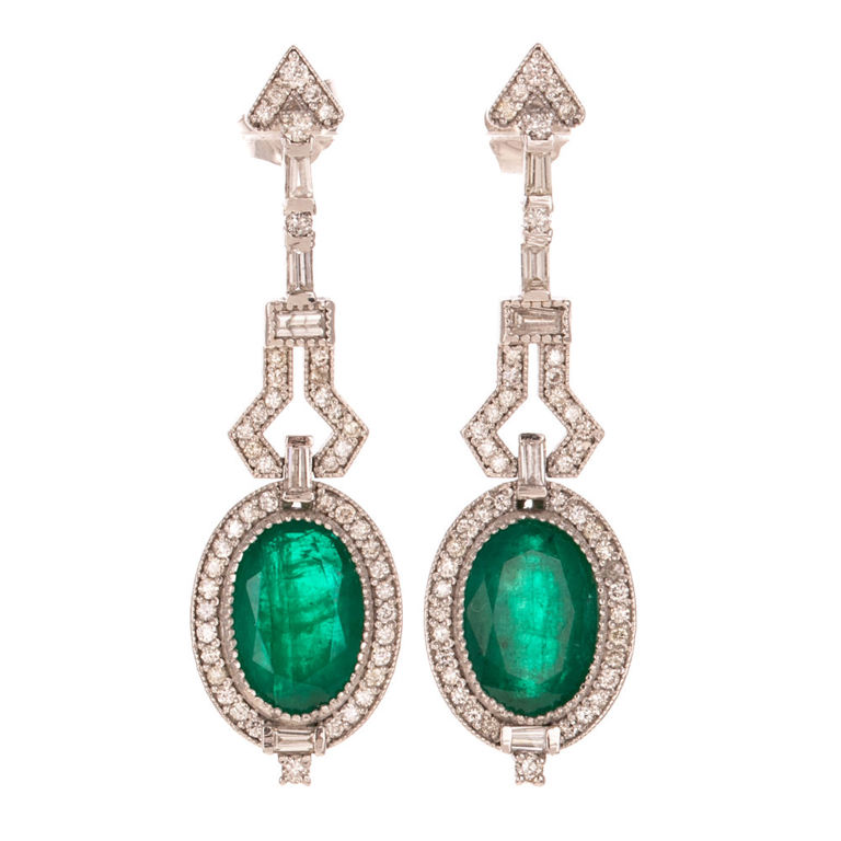 14k White Gold Emerald and Diamond Dangle Earrings