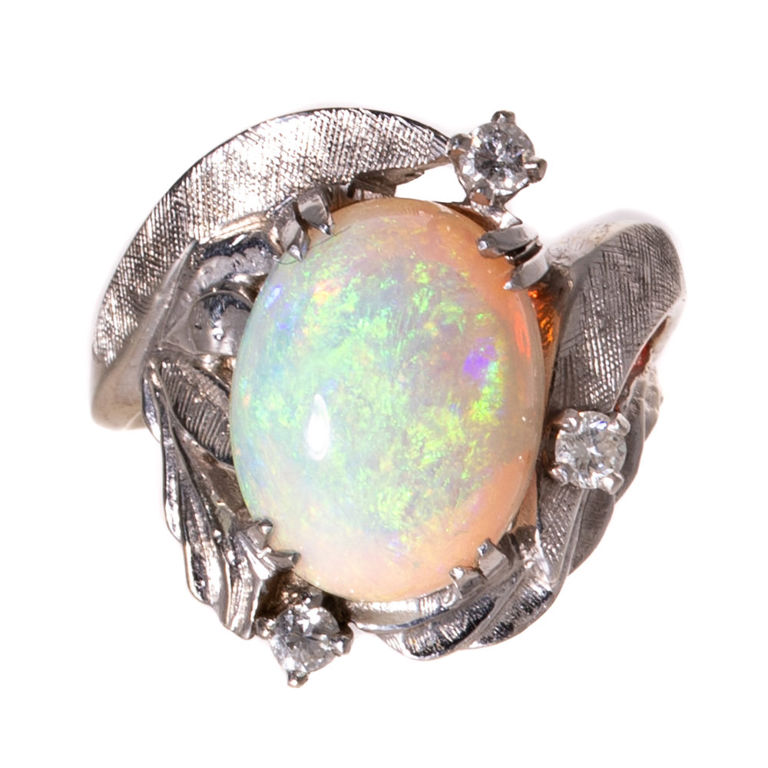 14k White Gold Opal and Diamond Ring