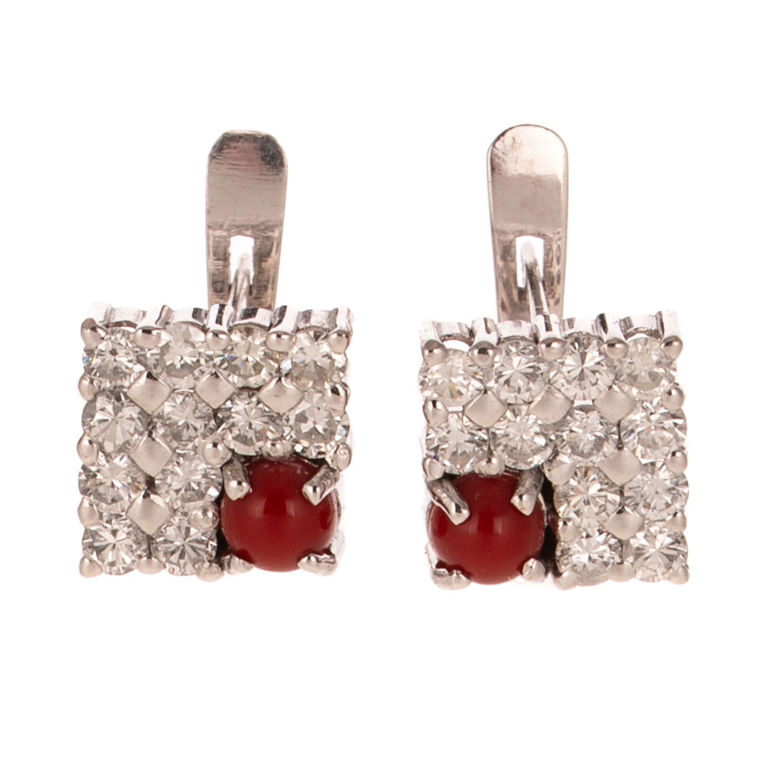 18k White Gold Diamond and Coral Earrings