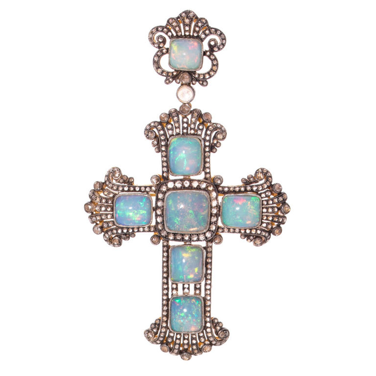 Vermeil Opal and Diamond Cross Brooch/Pendant