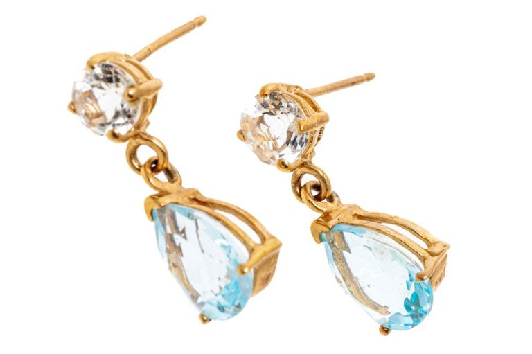 14k Yellow Gold Blue Topaz Drop Earrings