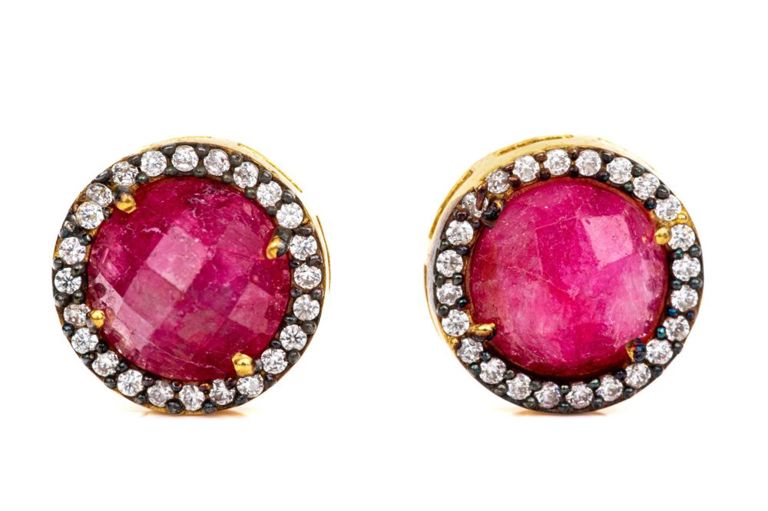 Sterling Silver Vermeil Ruby and CZ Stud Earrings