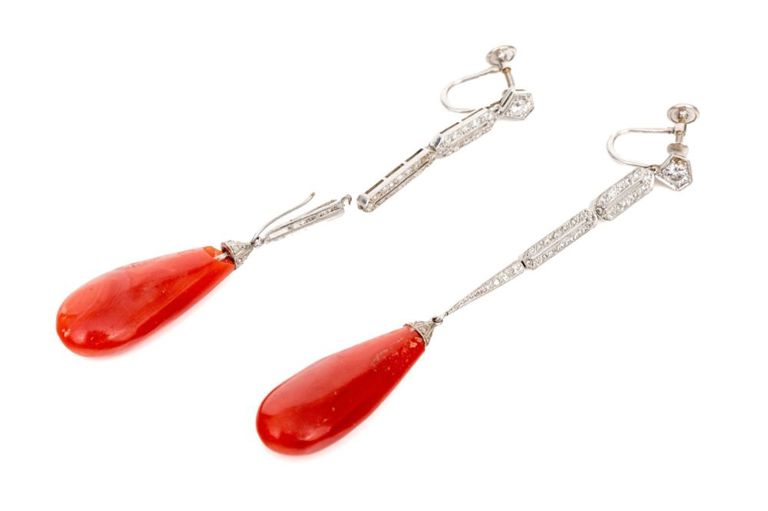 14k White Gold Coral and Diamond Drop Earrings