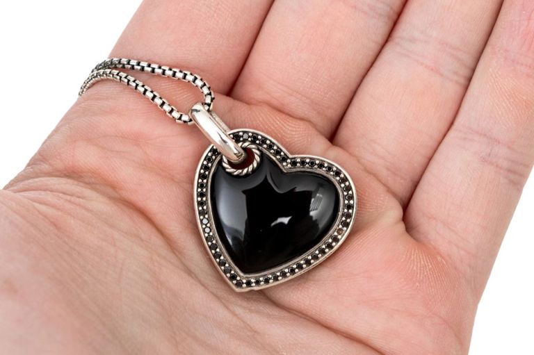 Onyx and Diamond Heart Pendant Necklace