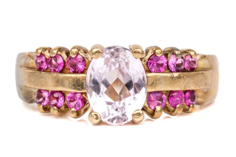 10k Yellow Gold Morganite and Ruby Cluster Ring