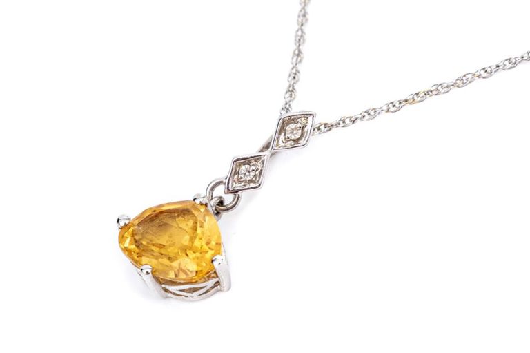 14k Gold Citrine and Diamond Pendant Necklace