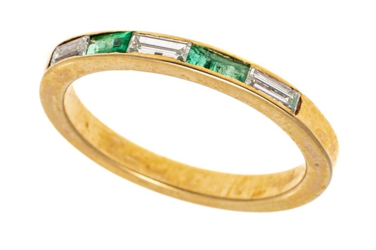 14k Yellow Gold Emerald and Diamond Band Ring.
