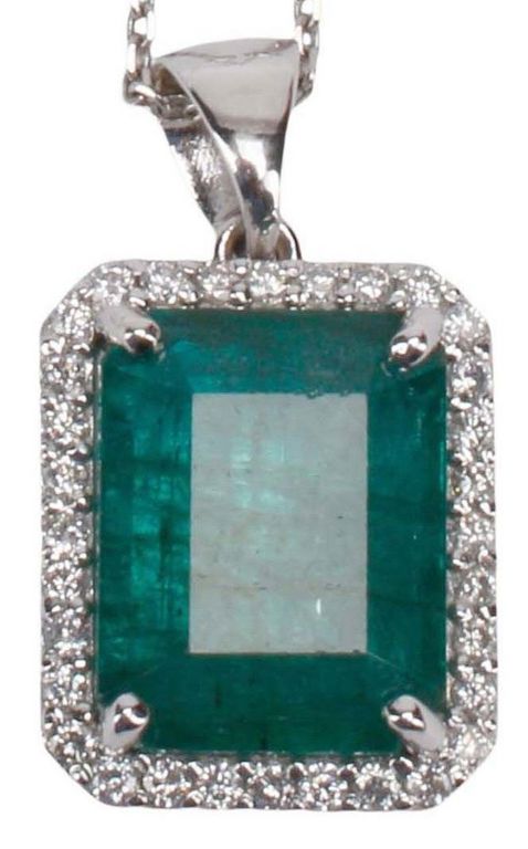 14k White Gold Emerald and Diamond Necklace