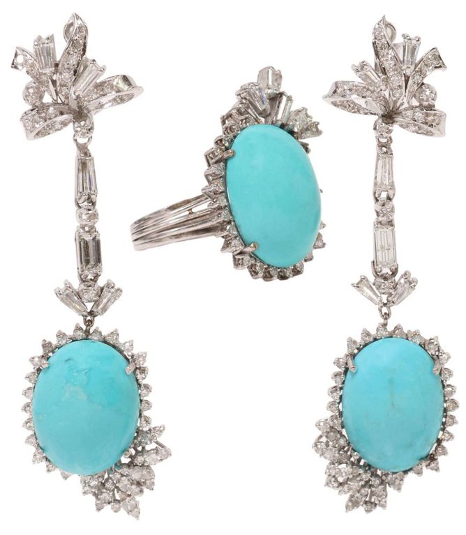 Platinum Turquoise and Diamond Jewelry Set