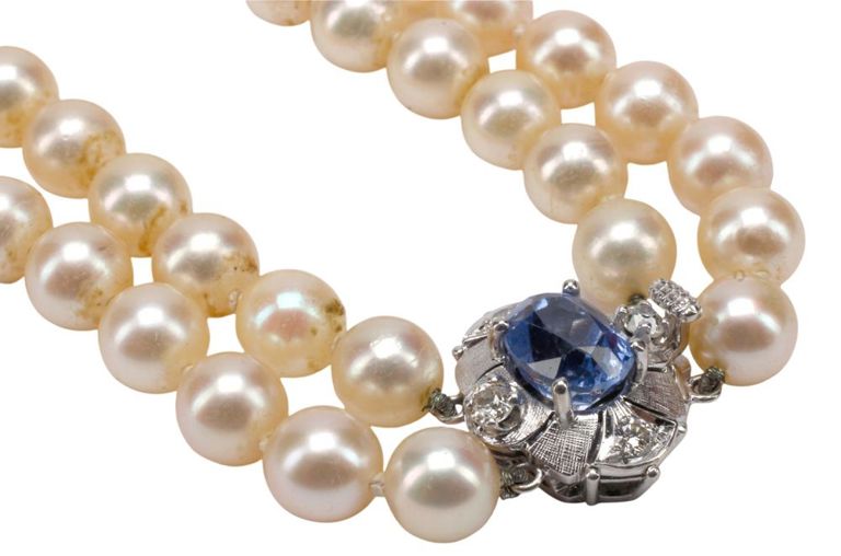 14k Gold Pearl Sapphire and Diamond Necklace