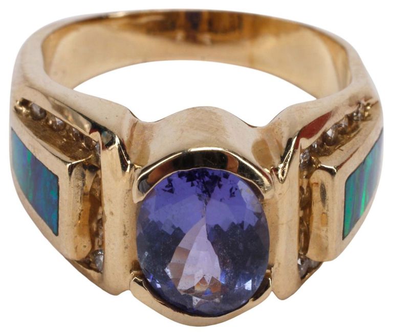 14k Gold Tanzanite Opal and Diamond Ring