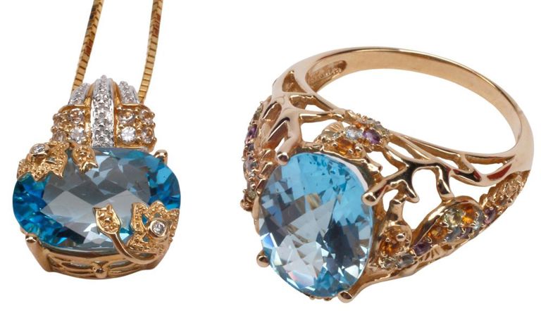 14k Gold Blue Topaz and Diamond Set