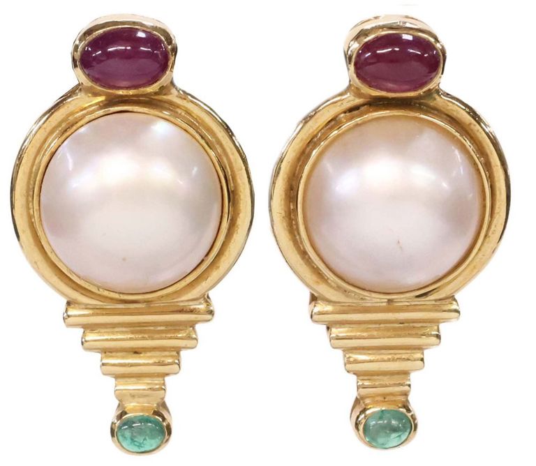 14k Yellow Gold Pearl Ruby and Emerald Earrings