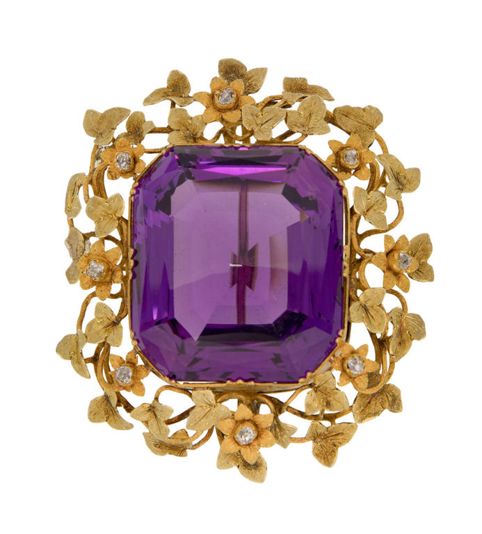 Gold Amethyst and Diamond Brooch