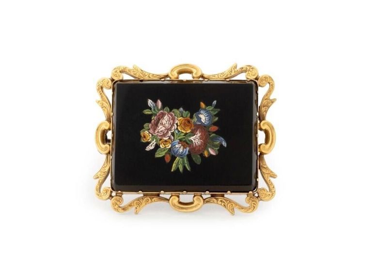 14k Gold Onyx and Glass Brooch