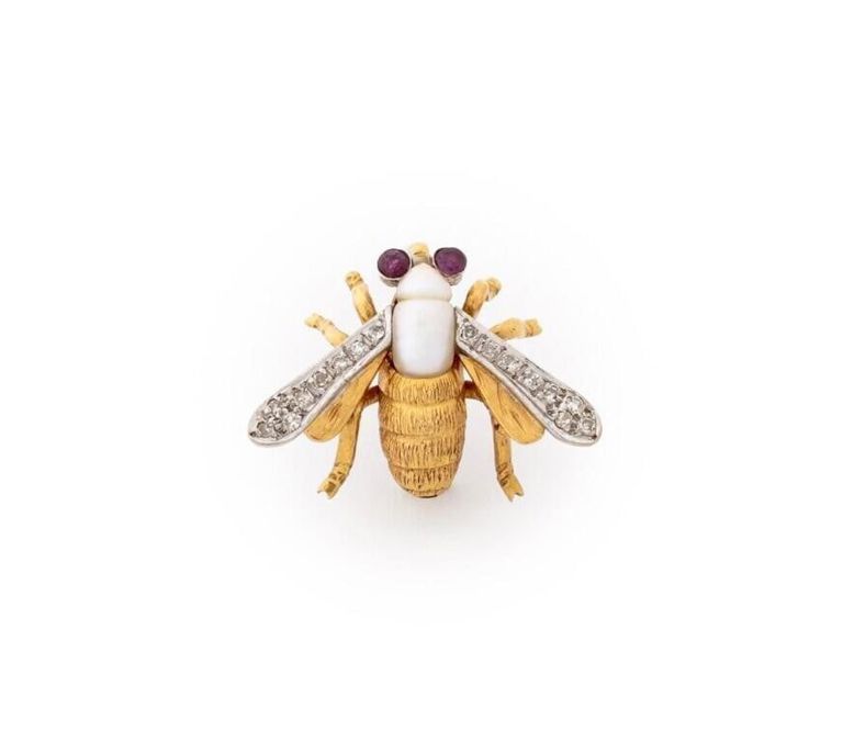 18k Gold Pearl Ruby and Diamond Brooch