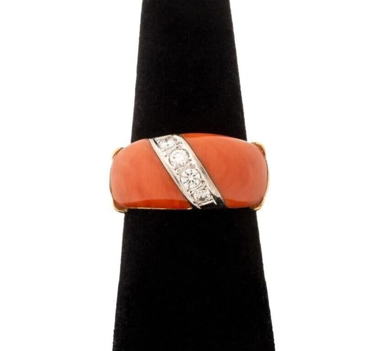 18k Gold Coral and Diamond Ring