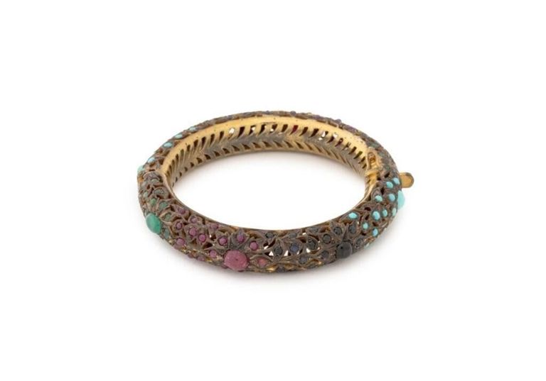 Silver Sapphire Ruby Turquoise Emerald Bangle