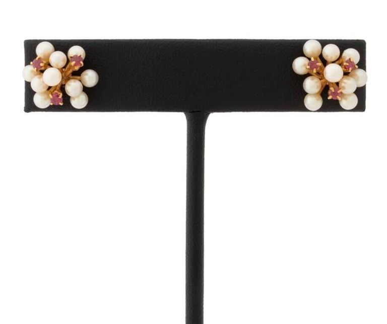 18k Gold Pearl and Ruby Earrings