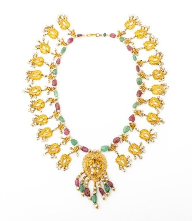 22k Gold Emerald Rubellite and Pearl Necklace