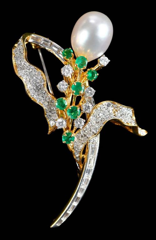 18k Gold Pearl Emerald and Diamond Brooch
