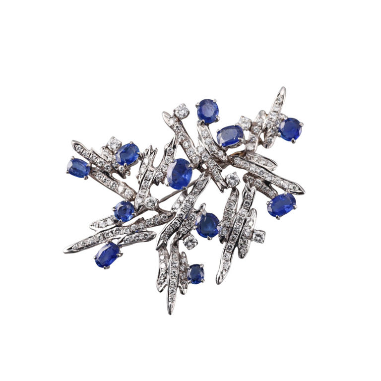 14k Gold Diamond and Sapphire Brooch