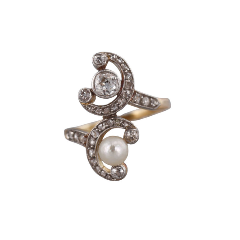 Gold Platinum Pearl and Diamond Ring