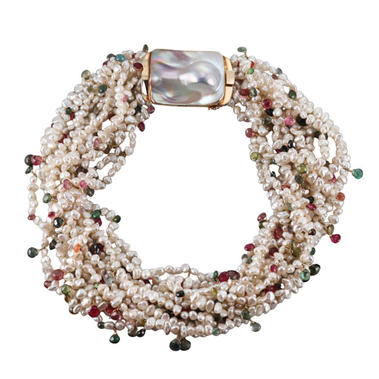 14k Gold Pearl and Tourmaline Necklace