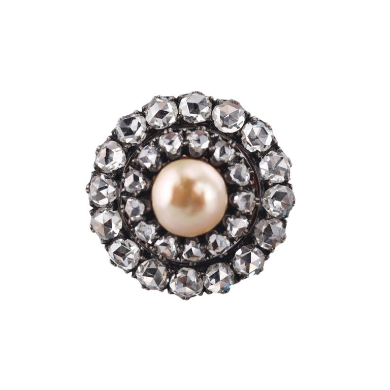 Gold Silver Pearl and Diamond Ring