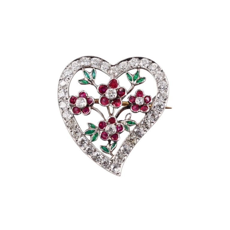 Platinum and Gold Diamond Ruby Emerald Brooch