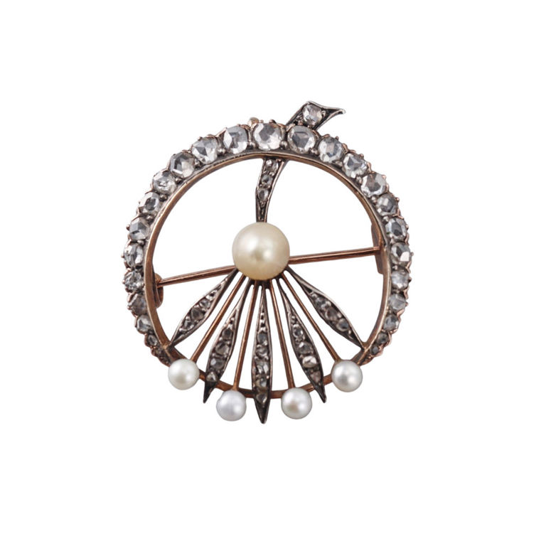Gold and Silver Diamond Pearl Brooch