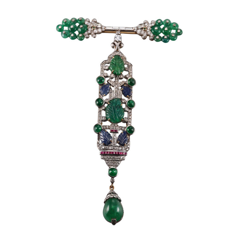 18k Gold Emerald Diamond Sapphire Brooch