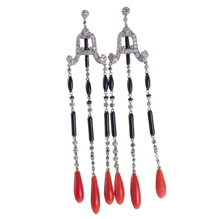Platinum Diamond Coral Onyx Earrings