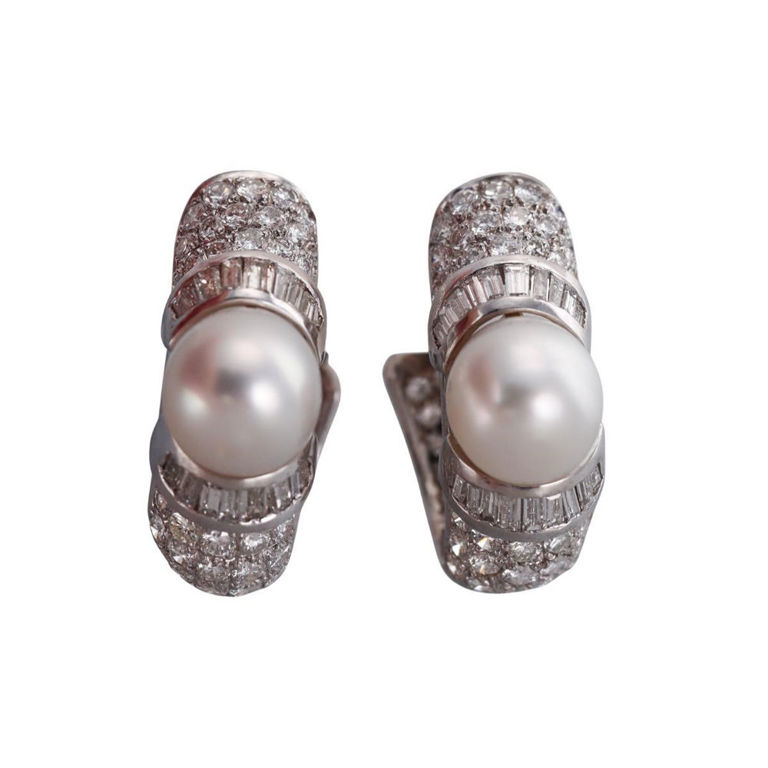 Platinum Diamond Pearl Hoop Earrings