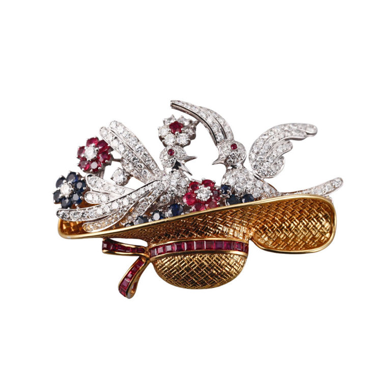 18k Gold Ruby Sapphire Diamond Brooch Pendant