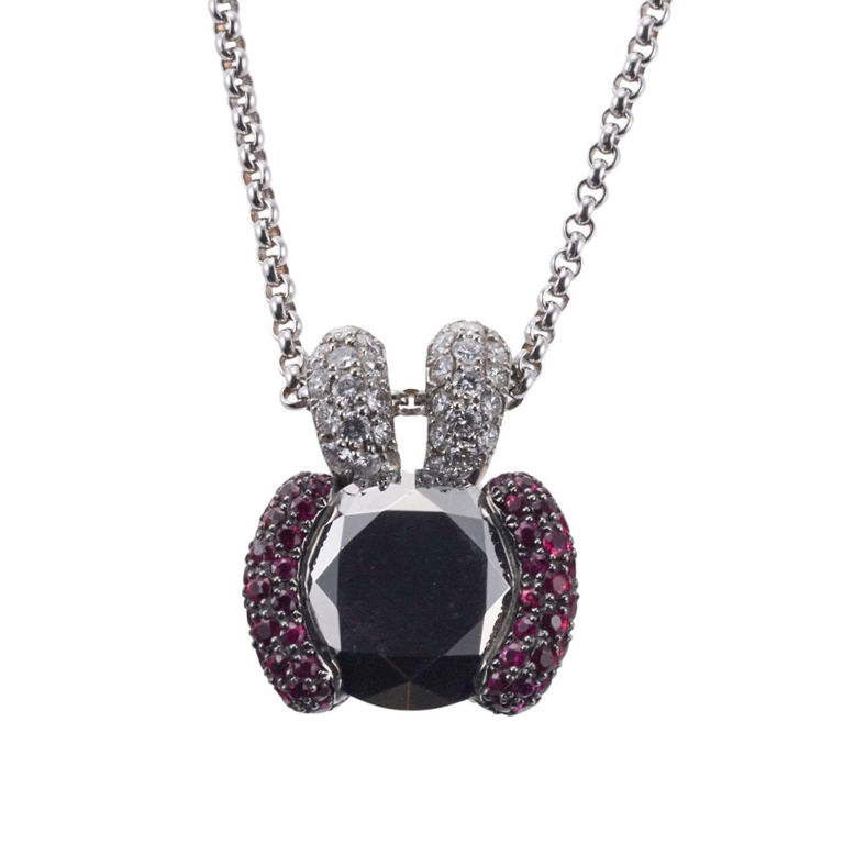 18k Gold Ruby and Hematite Pendant Necklace
