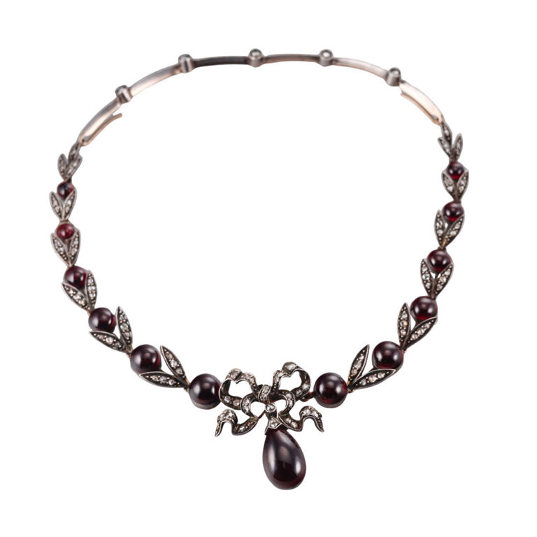 Gold Silver Diamond and Garnet Necklace