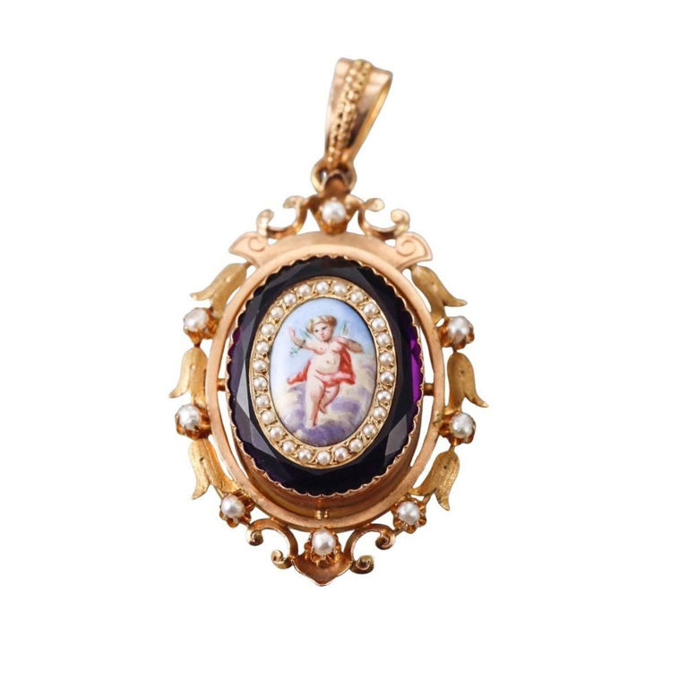 18k Gold Pearl and Amethyst Pendant