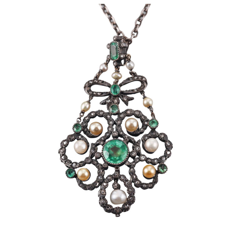 Silver Emerald Pearl Diamond Pendant Necklace