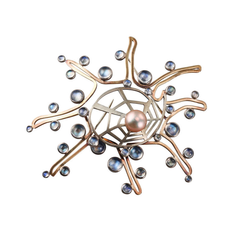 18k Gold Moonstone Pearl Brooch