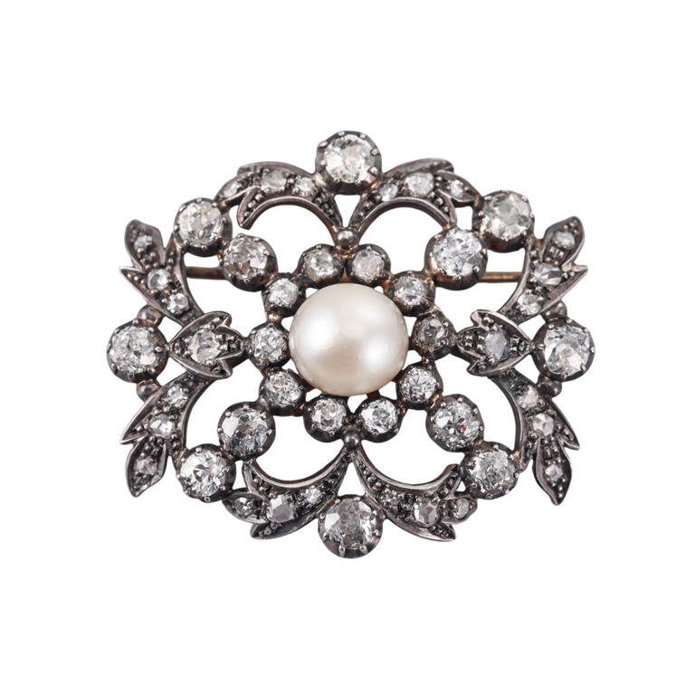 Silver and Gold Diamond Pearl Brooch