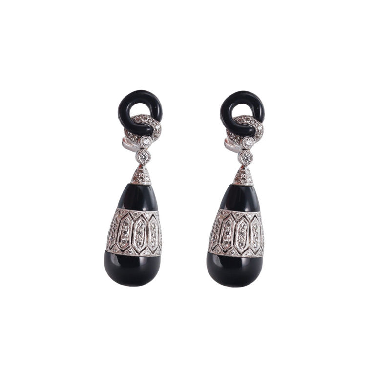 18k White Gold Diamond and Onyx Earrings