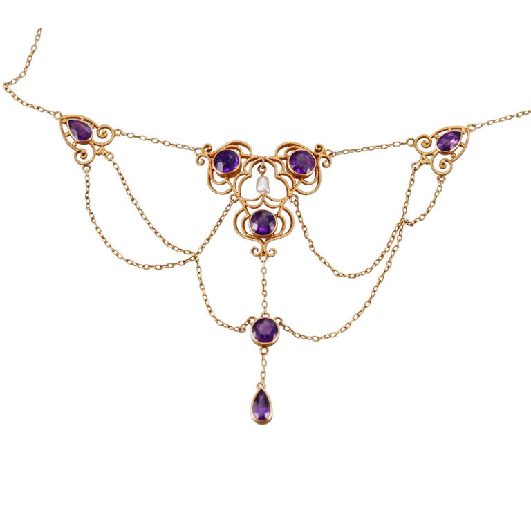 14k Yellow Gold Amethyst and Pearl Necklace