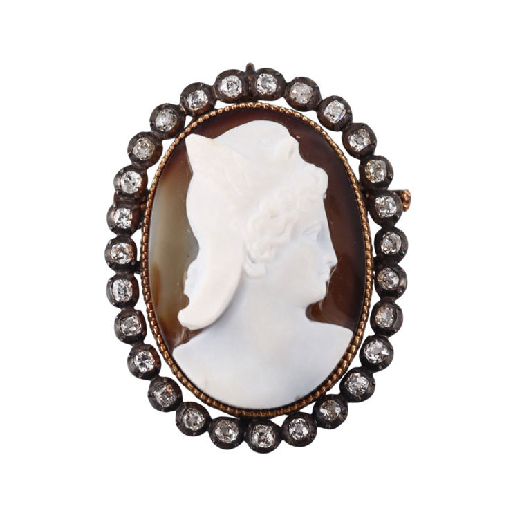 14k Gold Silver Diamond Cameo Brooch Pendant