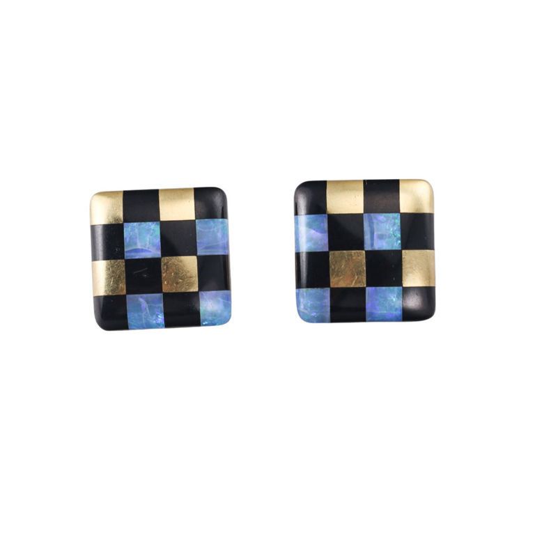 18k Gold Opal and Jade Earrings